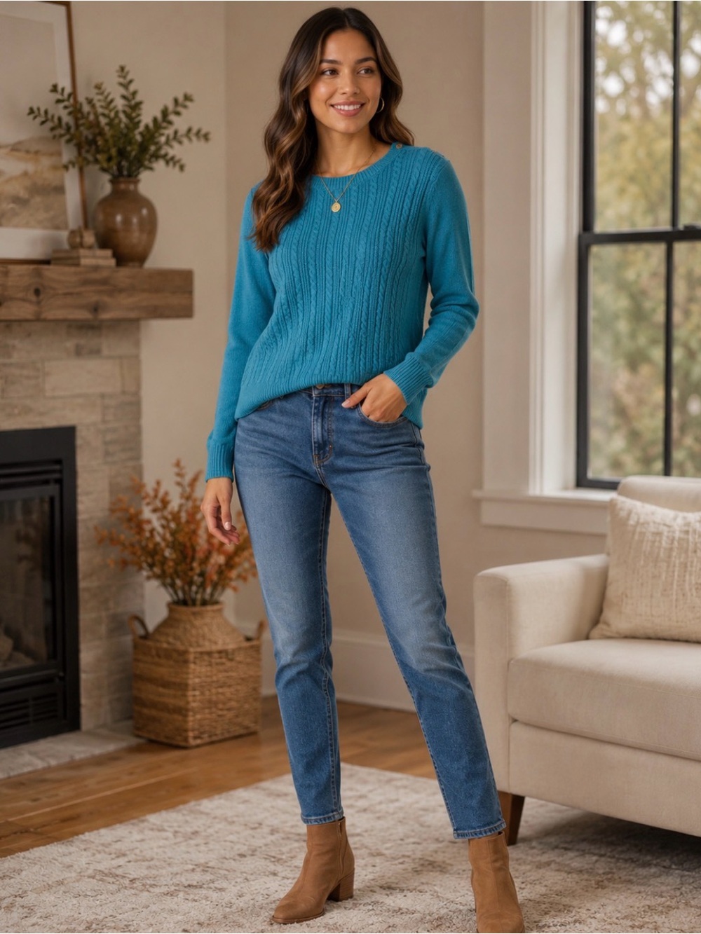 Talbots Teal Cable-Knit Crewneck Sweater